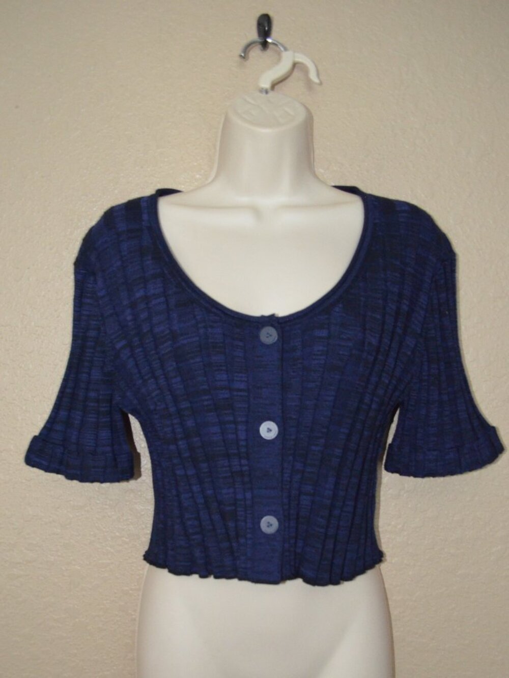 Sz M Jonathan Simkhai Ribbed Navy Blue Black Cropped Button Flare Sleeve Top